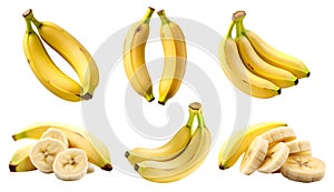 Yellow banana bananas, many angles and view side top front sliced bunch cut isolated on transparent background cutout, PNG