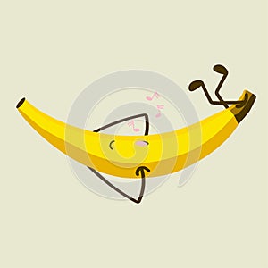 Yellow banana with legs and arms in cartoon style swaying on the floor and whistling a tune.