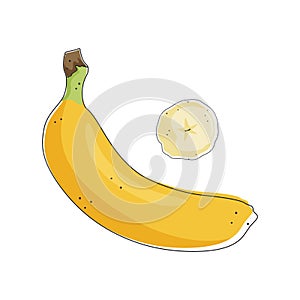 Yellow banana in cartoon style, tropical fruit, stock vector illustration.