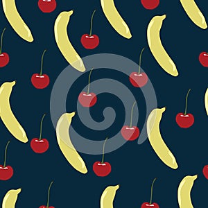 Yellow Banana And Red Cherry Vector Seamless Pattern.