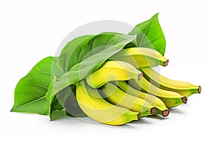 Yellow bananas with leaves isolated on white background.