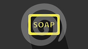 Yellow Bar of soap with foam icon isolated on grey background. Soap bar with bubbles. 4K Video motion graphic animation