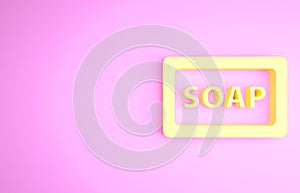 Yellow Bar of soap icon isolated on pink background. Soap bar with bubbles. Minimalism concept. 3d illustration 3D