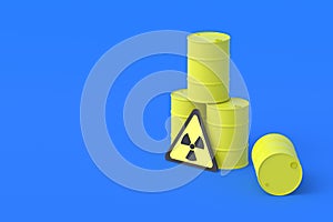 Yellow barrel with radioactive substance and sign on blue background