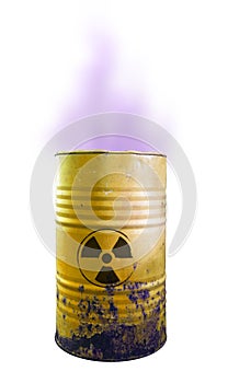 Yellow barrel of toxic waste isolated. Acid in barrels. Beware o