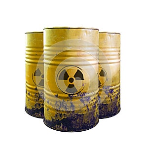 Yellow barrel of toxic waste isolated. Acid in barrels. Beware o