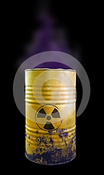 Yellow barrel of toxic waste isolated. Acid in barrels. Beware o
