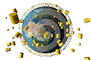 Yellow barrels of nuclear waste orbit the earth