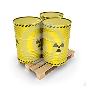 Yellow barrels with radioactive materials on the pallet