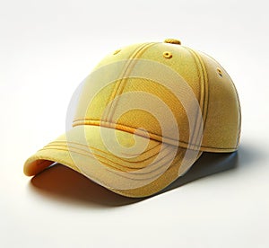 Yellow baseball cap with textured fabric on white background. Textured yellow sports cap with curved brim. Concept of