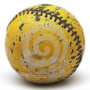 A yellow baseball sits serenely on a white background, contrasting with its vibrant color.