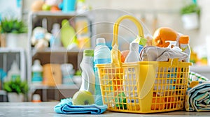 Yellow Basket Filled With Cleaning Supplies on Table