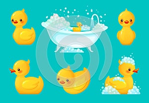 Yellow bath duck. Bathroom tub with foam, relaxing bathing and spa rubber ducks cartoon vector illustration