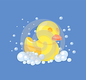 Yellow bath duck, children toy for bathtime. Traditional toys, kids nursery vector decorative elements. Duck in cartoon