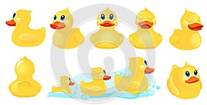 Yellow bath duck. Rubber water toys for kids shower room games with duck vector cute characters