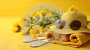 Yellow beach accessories on yellow background. Summer vacation concept