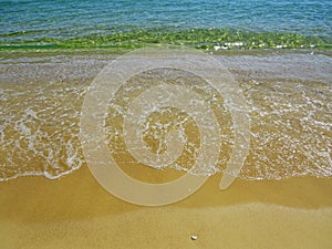 Yellow beach sand and beautiful blue sea. Natural living. Pelion peninsula. Pagasetic gulf. Platanias village. Greece.