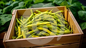 Yellow beans showcased in wooden crate at market.AI Generated