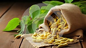 Yellow beans spill from a rustic sack.AI Generated