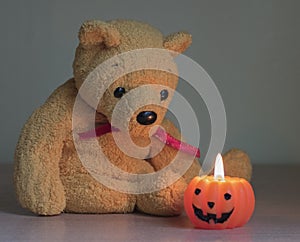 A yellow bear with a halloween pumpkin candle