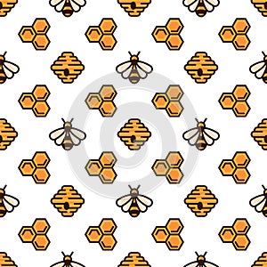 Yellow bee, bee hive and honeycomb on white pattern background. Seamless pattern honey bee and beekeeping.