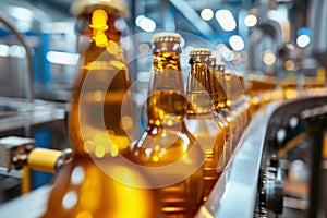 Yellow Beer Bottles on Production Line in Brewery