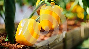 Yellow bell peppers plant growing in garden