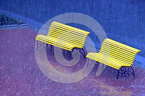 Yellow bench in the rain