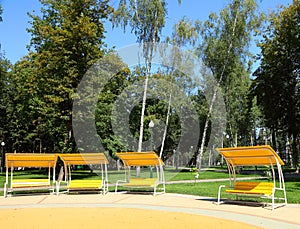 Yellow benches in the city park