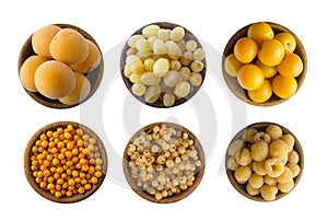 Yellow berries/fruits isolated on white background. Collage of different yellow berries. Yellow currants, yellow raspberries, grap