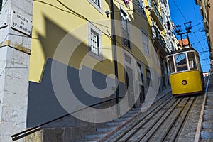 Yellow Bica Elevator Elevador da Bica in the historic neighborhood of Bica in Lisbon, Portugal
