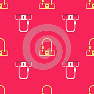 Yellow Bicycle lock U shaped industrial icon isolated seamless pattern on red background. Vector