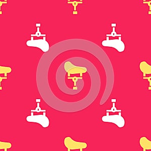 Yellow Bicycle seat icon isolated seamless pattern on red background. Bicycle saddle. Vector