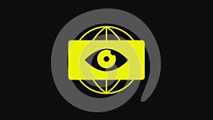 Yellow Big brother electronic eye icon isolated on black background. Global surveillance technology, computer systems