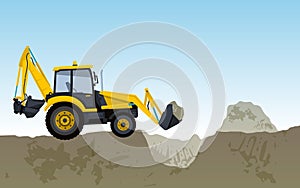 Yellow big digger builds roads excavating of hole, ground works. Construction machinery and ground works.