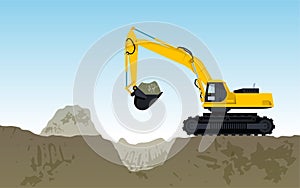 Yellow big digger builds roads gigging of hole