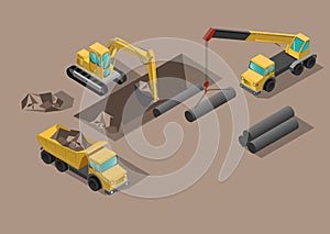 Yellow big digger builds roads gigging of hole ground and set tubes