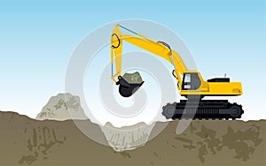 Yellow big digger builds roads gigging of hole photo