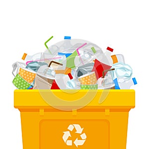Yellow bin full and plastic garbage waste isolated white square background, plastic waste dump on the bin, plastic waste