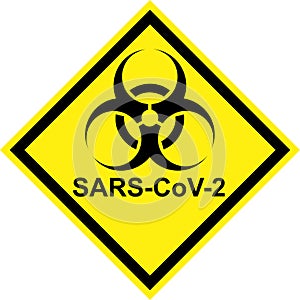 Yellow biohazard sign with SARS-CoV-2 text