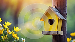 Yellow bird house with the heart shapped entrance on spring tree