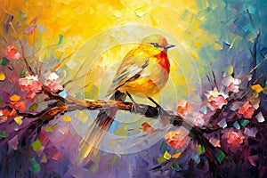 Yellow Bird with Long Tail Sitting on Spring Branch Painting