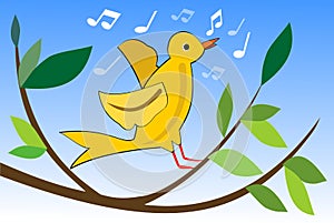 Yellow bird singing on branch with green leaves, cute spring theme, vector illustration for easter or spring design