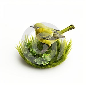 Yellow Bird Sitting On Grass: Detailed Miniature Digital Art