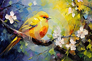 Yellow Bird Sitting on Spring Branch Painting