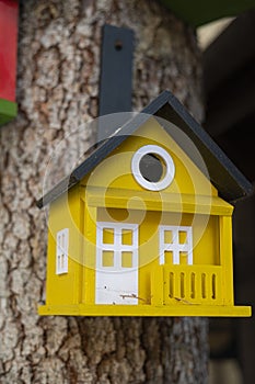 A yellow birdhouse hangs from a tree