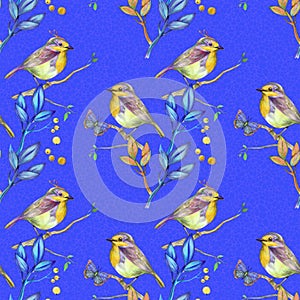Yellow birds on deep blue background