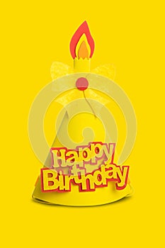 Yellow Birthday hat with elements and decorations for party and celebrations isolated on yellow background