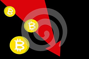 Yellow bitcoins symbols, Bitcoin index rating go down on market. red arrow on black background