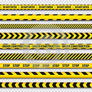 Yellow And Black Barricade Construction Tape On Transparent Background. Police Warning Line. Brightly Colored Danger or